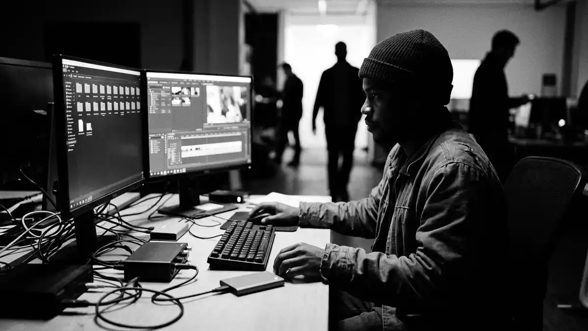 Schwarzweiss-Reportagebild mit Externe SSD in dokumentarischer Arbeitsumgebung