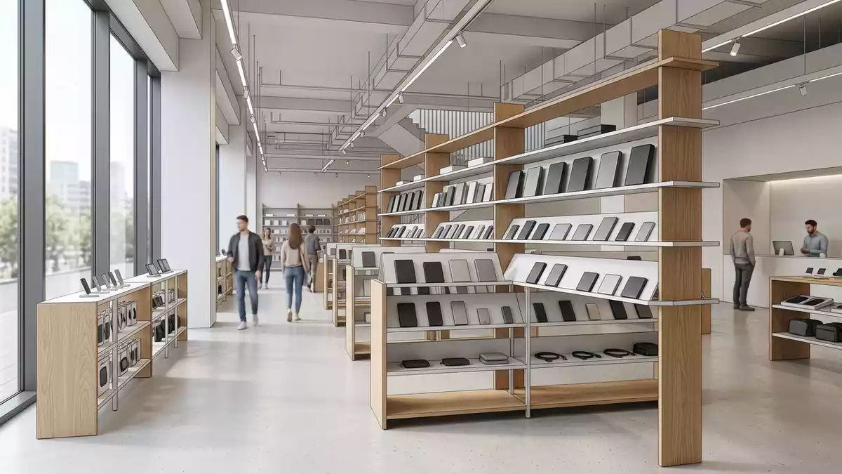 Architektur-Render im Computer-Fachhandel mit Externe SSD im Ausstellungsbereich