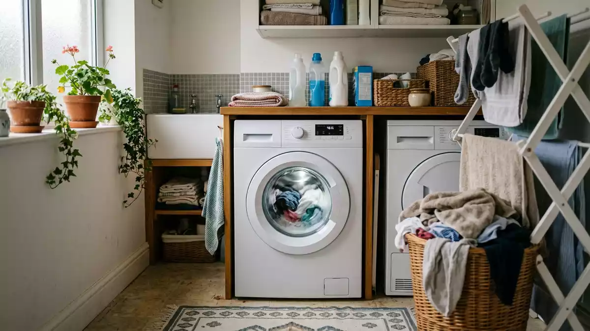 Fotorealistische Ansicht von Waschmaschine im Waschraum in realer Umgebung, neutral