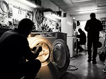 Schwarzweiss-Reportage mit Waschmaschine zum Thema Bauknecht Waschmaschine, ISIN US9633201069, hoher Kontrast, sachlich dargestellt - Foto: THN