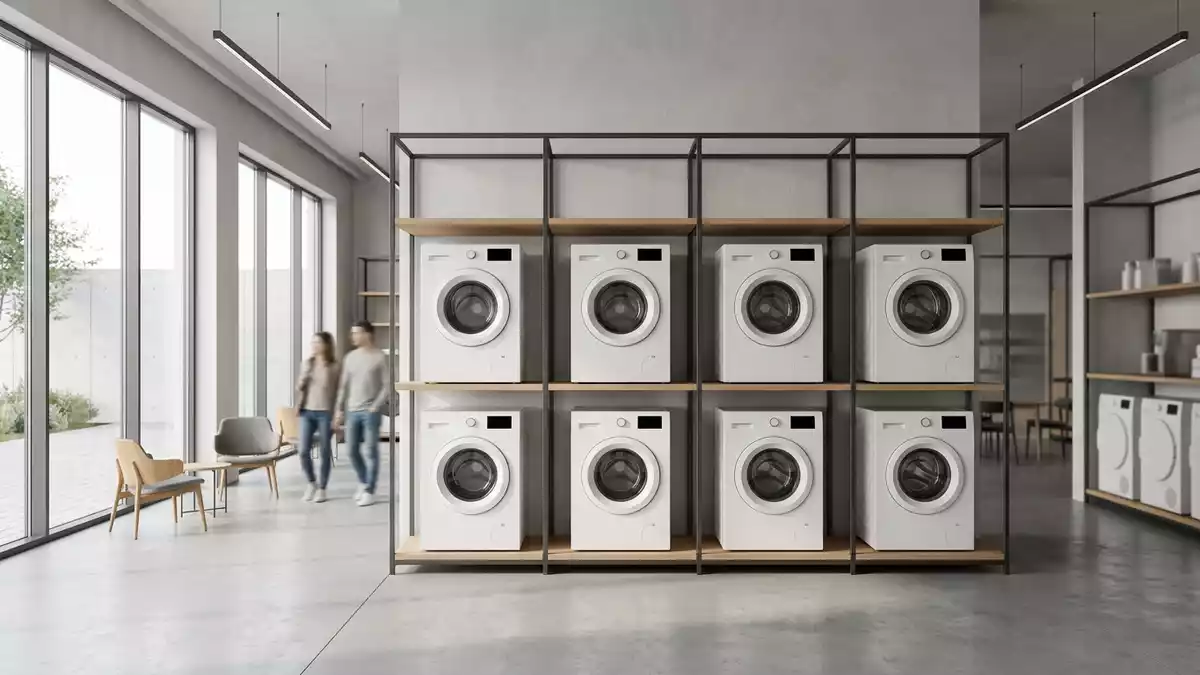 Architektur-Render im Elektro-Fachmarkt mit Waschmaschine im Ausstellungsbereich