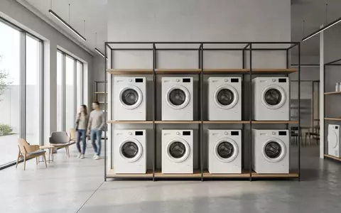 Architektur-Render im Elektro-Fachmarkt mit Waschmaschine zum Thema Bauknecht Waschmaschine, ISIN US9633201069, neutrales Tageslicht - Foto: THN