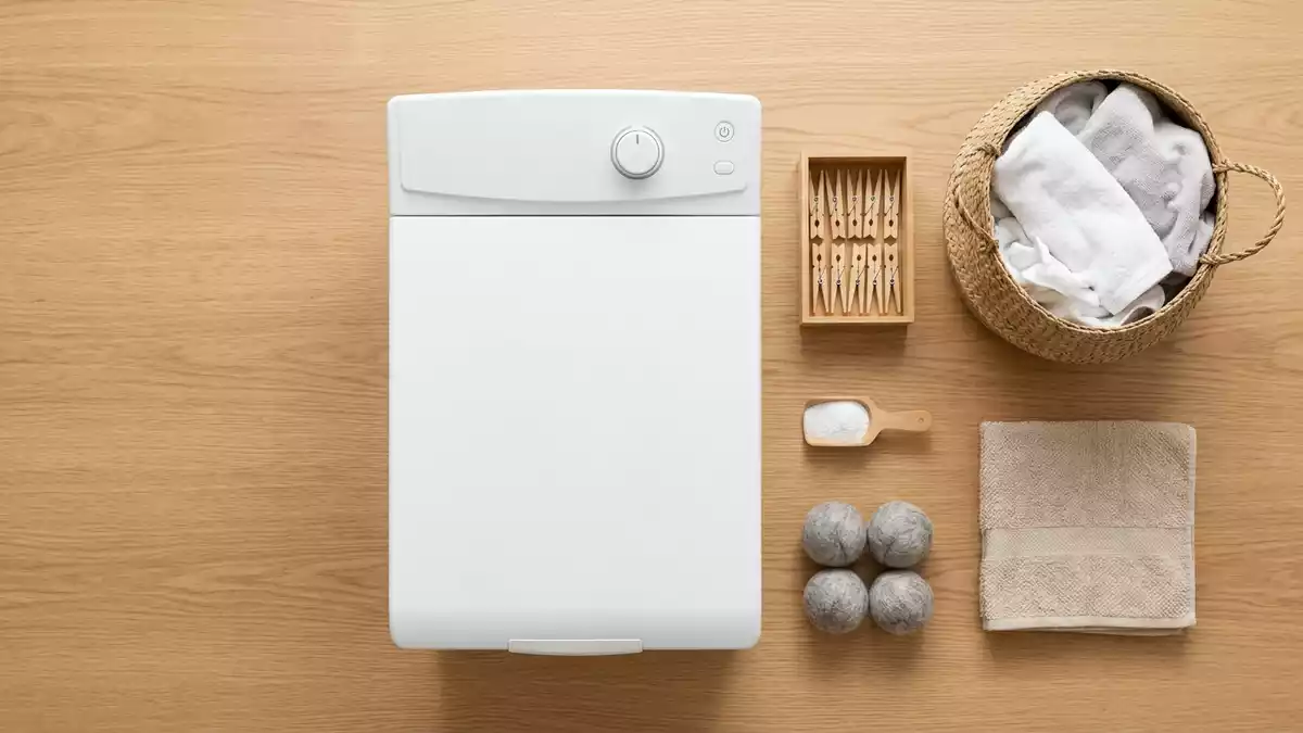Flatlay-Arrangement rund um Waschmaschine mit passenden Requisiten von oben, neutral