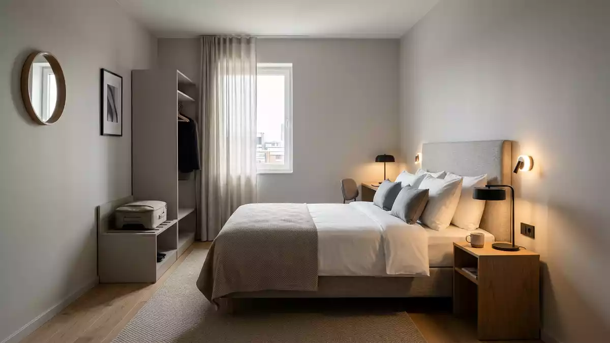 Fotorealistische Studioansicht von Hotelzimmer in neutraler Produktdarstellung