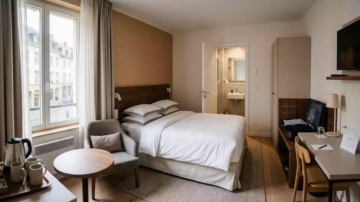 Fotorealistische Ansicht von Hotelzimmer im Hotelzimmer in realer Umgebung, neutral