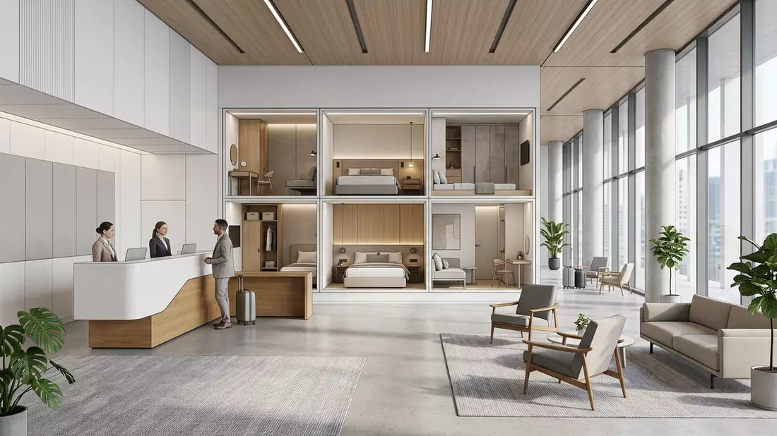 Architektur-Render im Hotelrezeption mit Hotelzimmer im Ausstellungsbereich, neutral