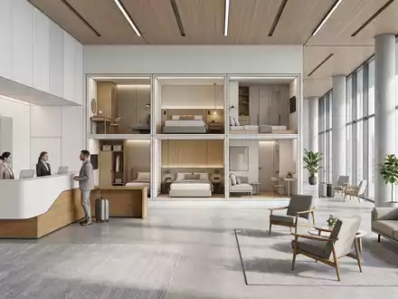 Architektur-Render im Hotelrezeption mit Hotelzimmer zum Thema Premier Inn, ISIN GB00B1KJJ408, neutrales Tageslicht - Foto: THN
