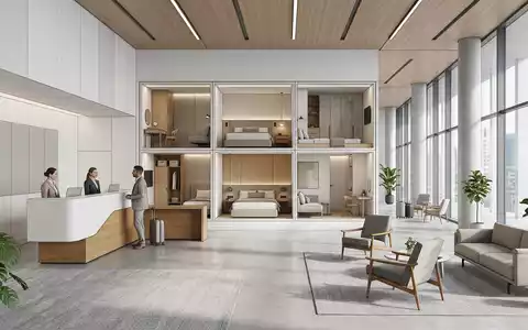 Architektur-Render im Hotelrezeption mit Hotelzimmer zum Thema Premier Inn, ISIN GB00B1KJJ408, neutrales Tageslicht - Foto: THN