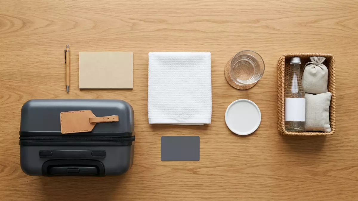Flatlay-Arrangement rund um Hotelzimmer mit passenden Requisiten von oben, neutral