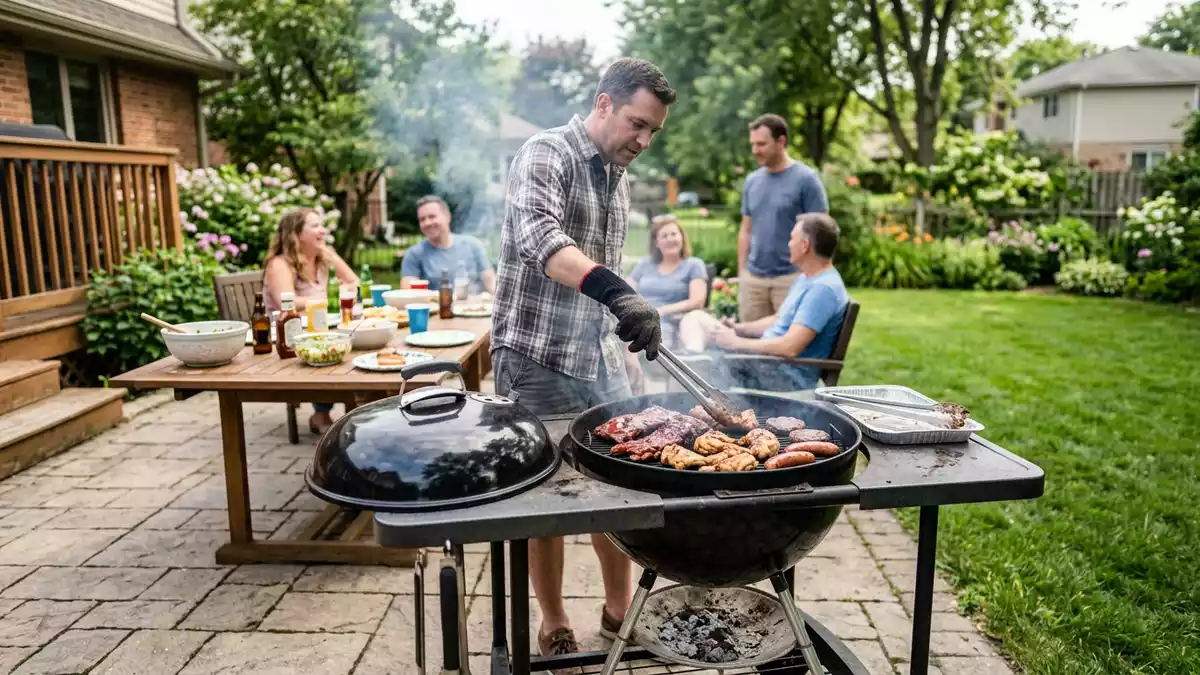 Fotorealistische Ansicht von Kugelgrill im Garten in realer Umgebung, neutral