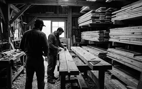 Schwarzweiss-Reportage mit Bauholz zum Thema Bauholz, ISIN US9620471048, hoher Kontrast, sachlich dargestellt - Foto: THN