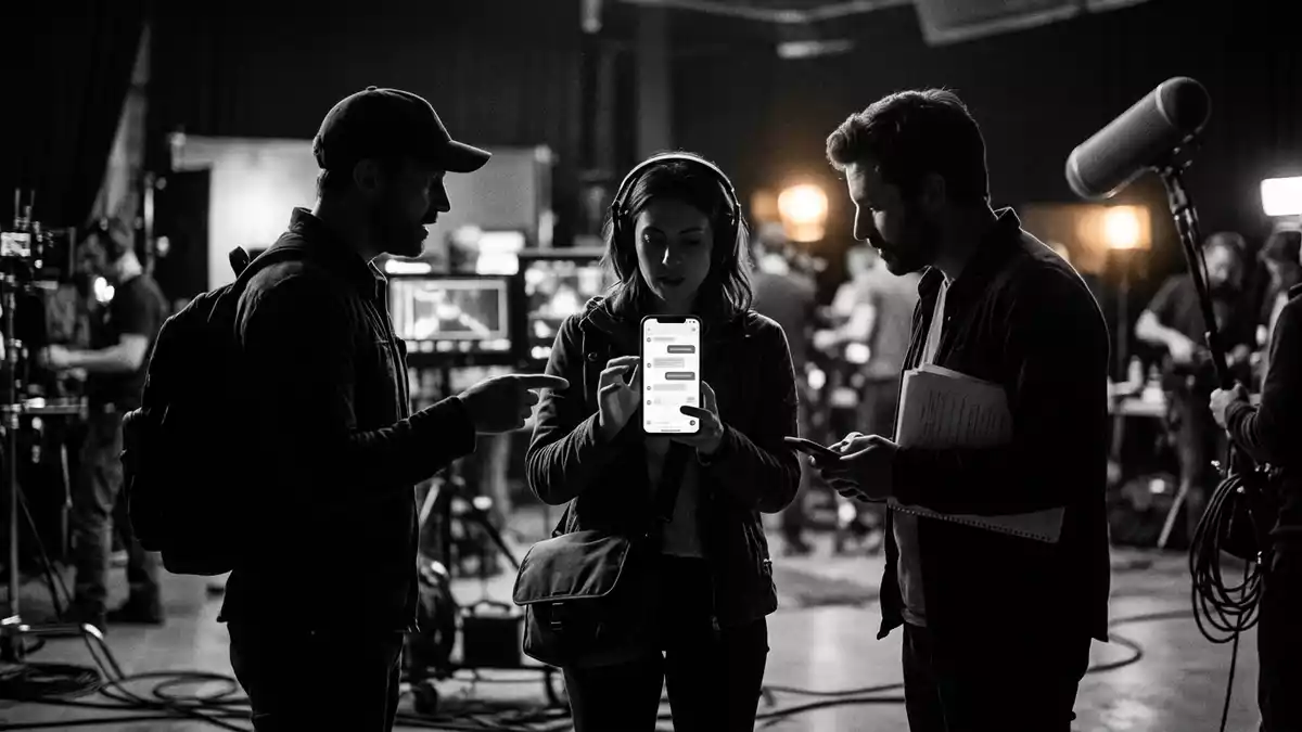 Schwarzweiss-Reportagebild mit Messenger-App in dokumentarischer Arbeitsumgebung