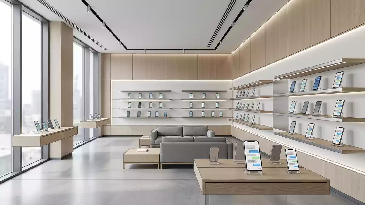 Architektur-Render im Elektronik-Fachmarkt mit Messenger-App im Ausstellungsbereich
