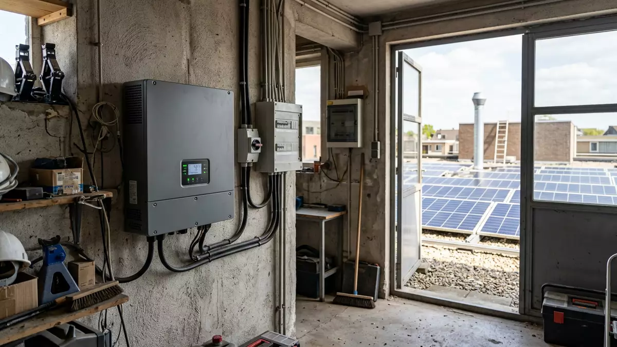 Fotorealistische Ansicht von Solarwechselrichter im Technikraum in realer Umgebung