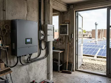 Fotorealistische Aufnahme von Solarwechselrichter im Technikraum zum Thema SMA Wechselrichter Sunny Boy, ISIN DE000SMA1718 - Foto: THN