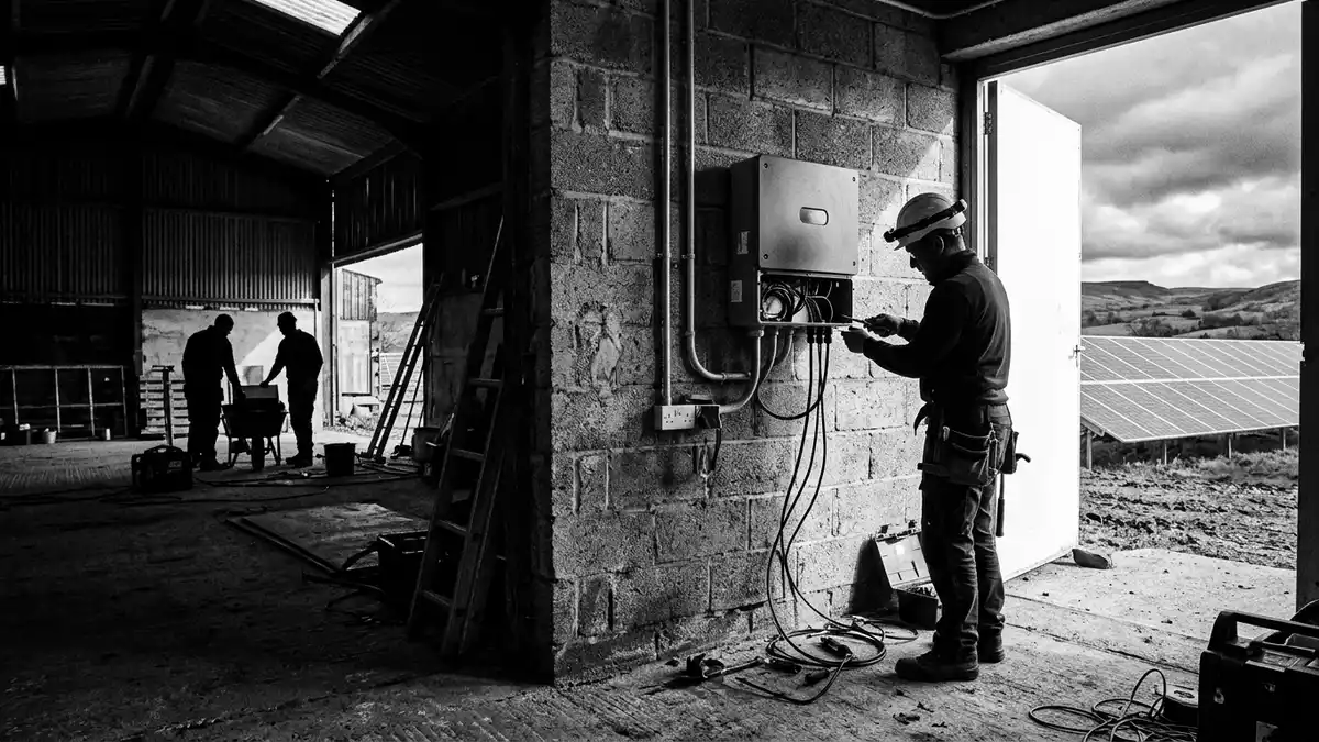 Schwarzweiss-Reportagebild mit Solarwechselrichter in dokumentarischer Arbeitsumgebung