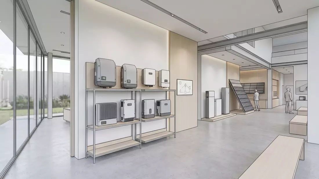 Architektur-Render im Solartechnik-Fachhandel mit Solarwechselrichter im Ausstellungsbereich