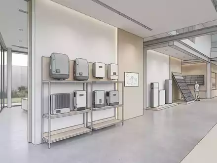 Architektur-Render im Solartechnik-Fachhandel mit Solarwechselrichter zum Thema SMA Wechselrichter Sunny Boy, ISIN DE000SMA1718, neutrales Tageslicht - Foto: THN