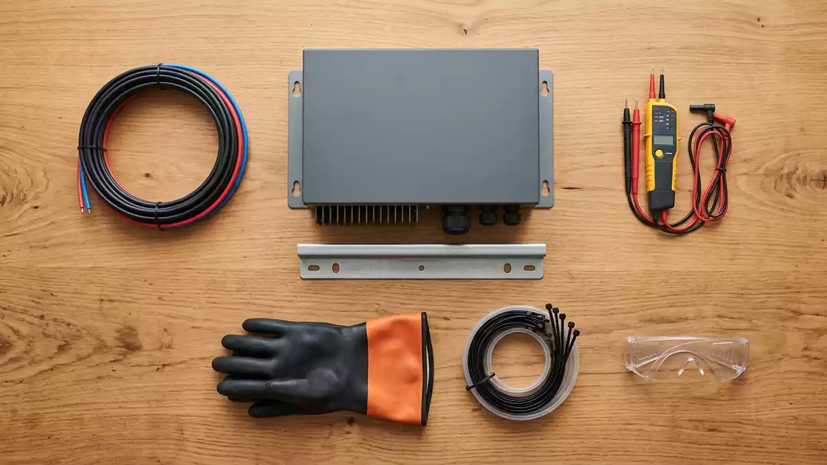 Flatlay-Arrangement rund um Solarwechselrichter mit passenden Requisiten von oben