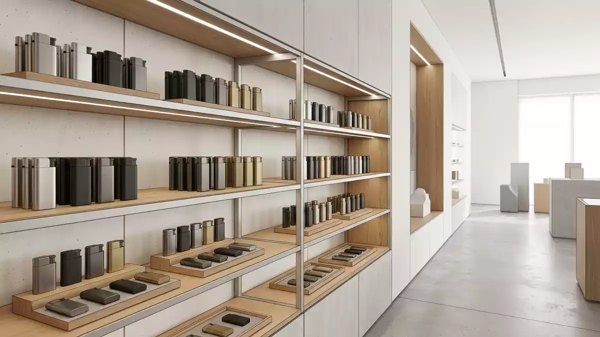 Architektur-Render im Tabakfachgeschäft mit Taschenfeuerzeug im Ausstellungsbereich