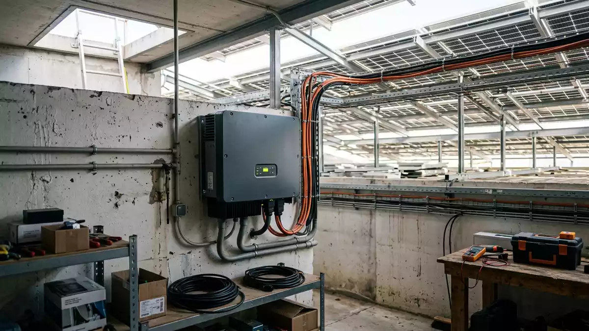 Fotorealistische Ansicht von Solarwechselrichter im Technikraum in realer Umgebung