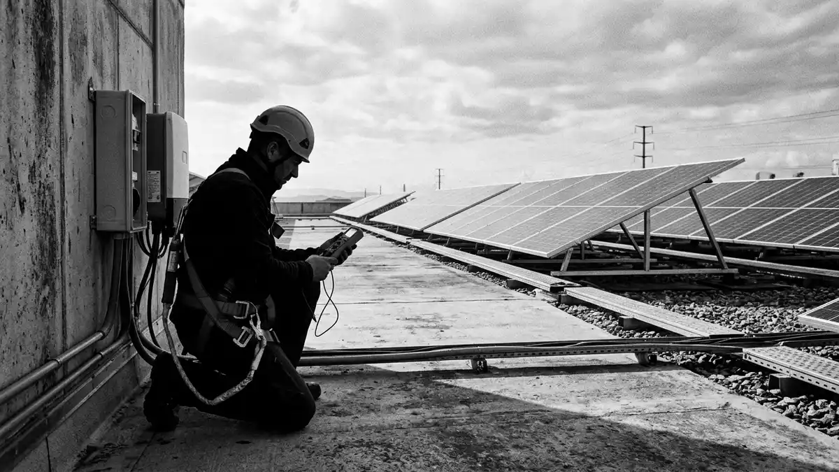 Schwarzweiss-Reportagebild mit Solarwechselrichter in dokumentarischer Arbeitsumgebung