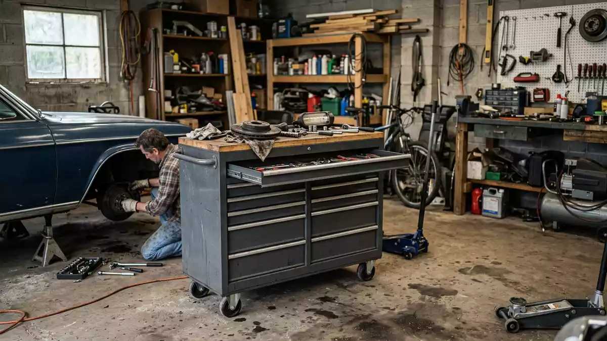 Fotorealistische Ansicht von Werkzeugwagen in der Werkstatt in realer Umgebung