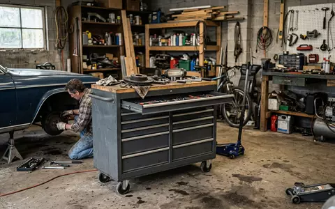 Fotorealistische Aufnahme von Werkzeugwagen in der Werkstatt zum Thema Snap-on Werkzeugwagen, ISIN US8330341012, natuerliches Licht - Foto: THN