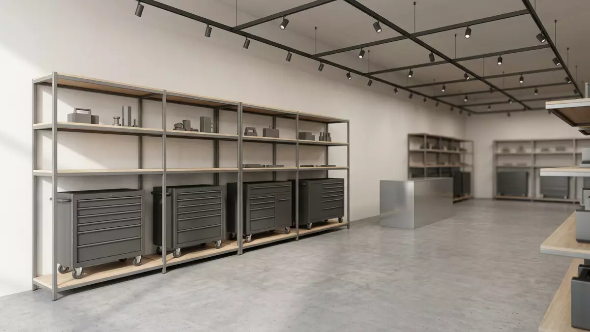 Architektur-Render im Werkzeugfachhandel mit Werkzeugwagen im Ausstellungsbereich