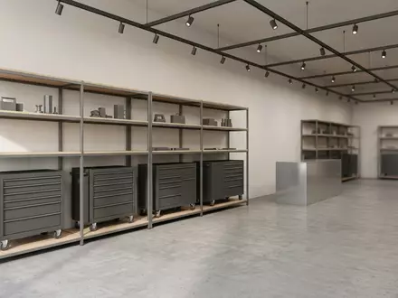 Architektur-Render im Werkzeugfachhandel mit Werkzeugwagen zum Thema Snap-on Werkzeugwagen, ISIN US8330341012, neutrales Tageslicht - Foto: THN