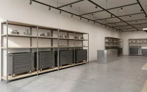Architektur-Render im Werkzeugfachhandel mit Werkzeugwagen zum Thema Snap-on Werkzeugwagen, ISIN US8330341012, neutrales Tageslicht - Foto: THN