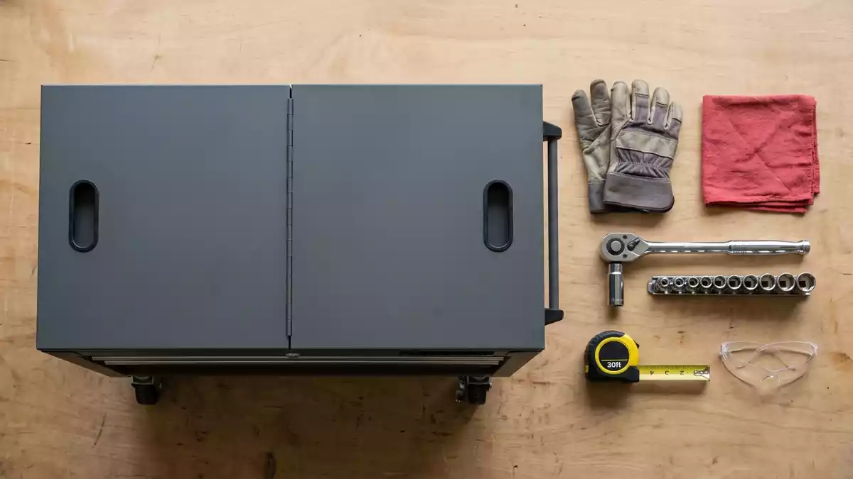 Flatlay-Arrangement rund um Werkzeugwagen mit passenden Requisiten von oben, neutral