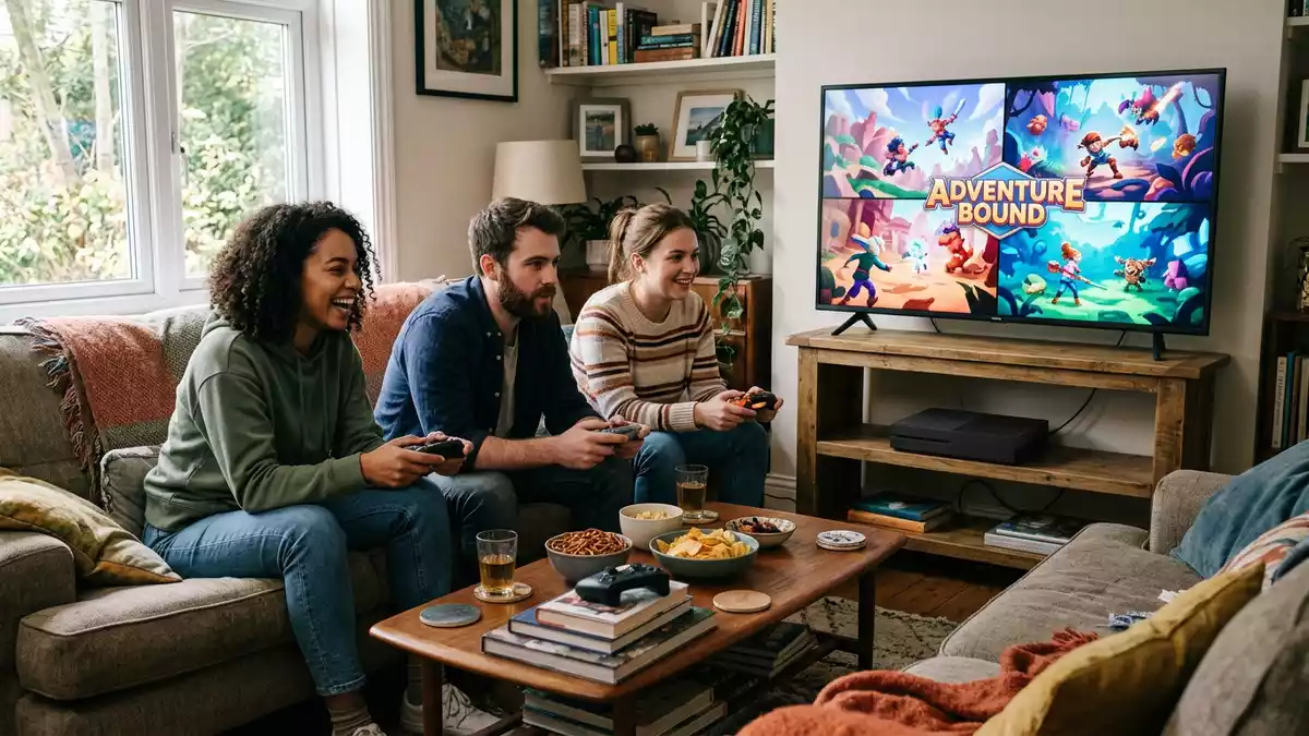 Fotorealistische Ansicht von Spielkonsole im Wohnzimmer in realer Umgebung, neutral