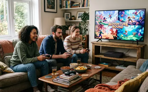 Fotorealistische Aufnahme von Spielkonsole im Wohnzimmer zum Thema PlayStation 5, ISIN JP3435000009, natuerliches Licht - Foto: THN