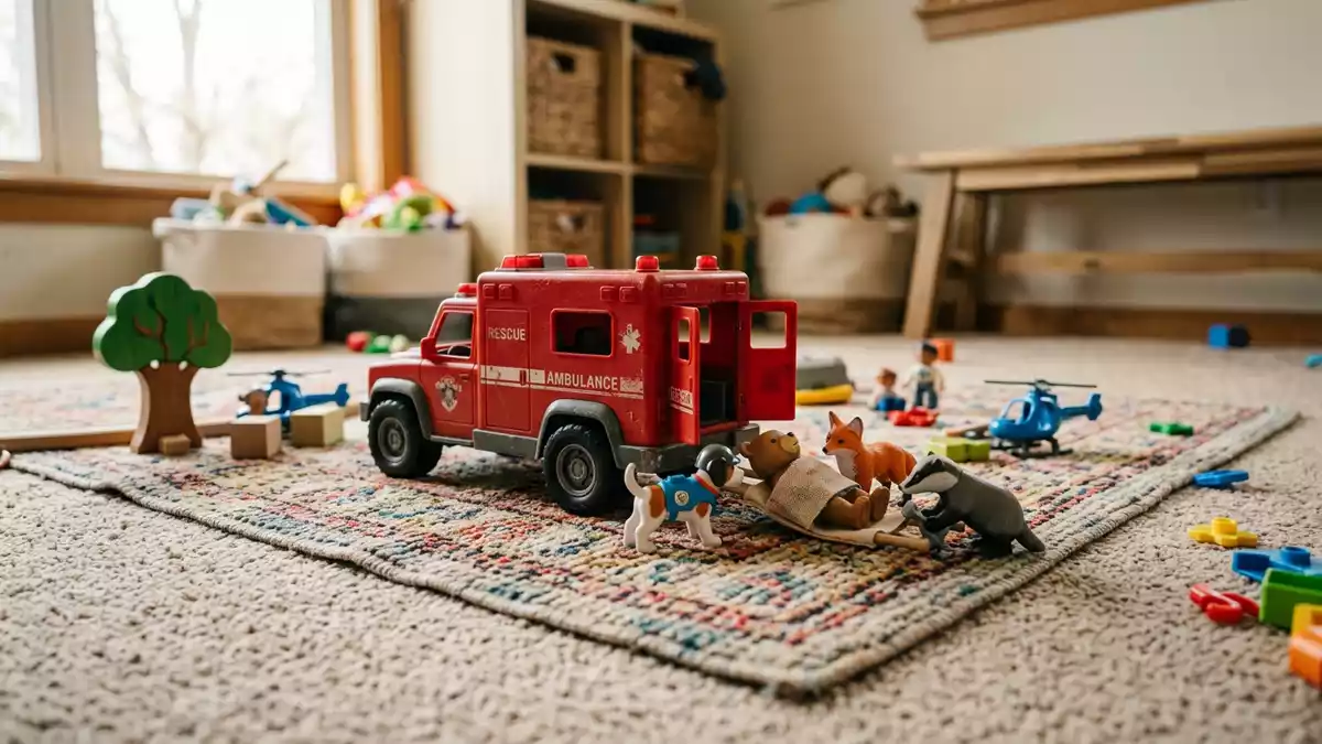 Fotorealistische Ansicht von Rettungsfahrzeug-Spielzeug im Kinderzimmer in realer