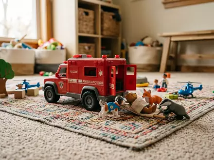 Fotorealistische Aufnahme von Rettungsfahrzeug-Spielzeug im Kinderzimmer zum Thema Paw Patrol Spielzeug, ISIN CA84852F1027, natuerliches Licht - Foto: THN