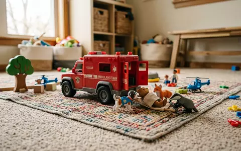 Fotorealistische Aufnahme von Rettungsfahrzeug-Spielzeug im Kinderzimmer zum Thema Paw Patrol Spielzeug, ISIN CA84852F1027, natuerliches Licht - Foto: THN