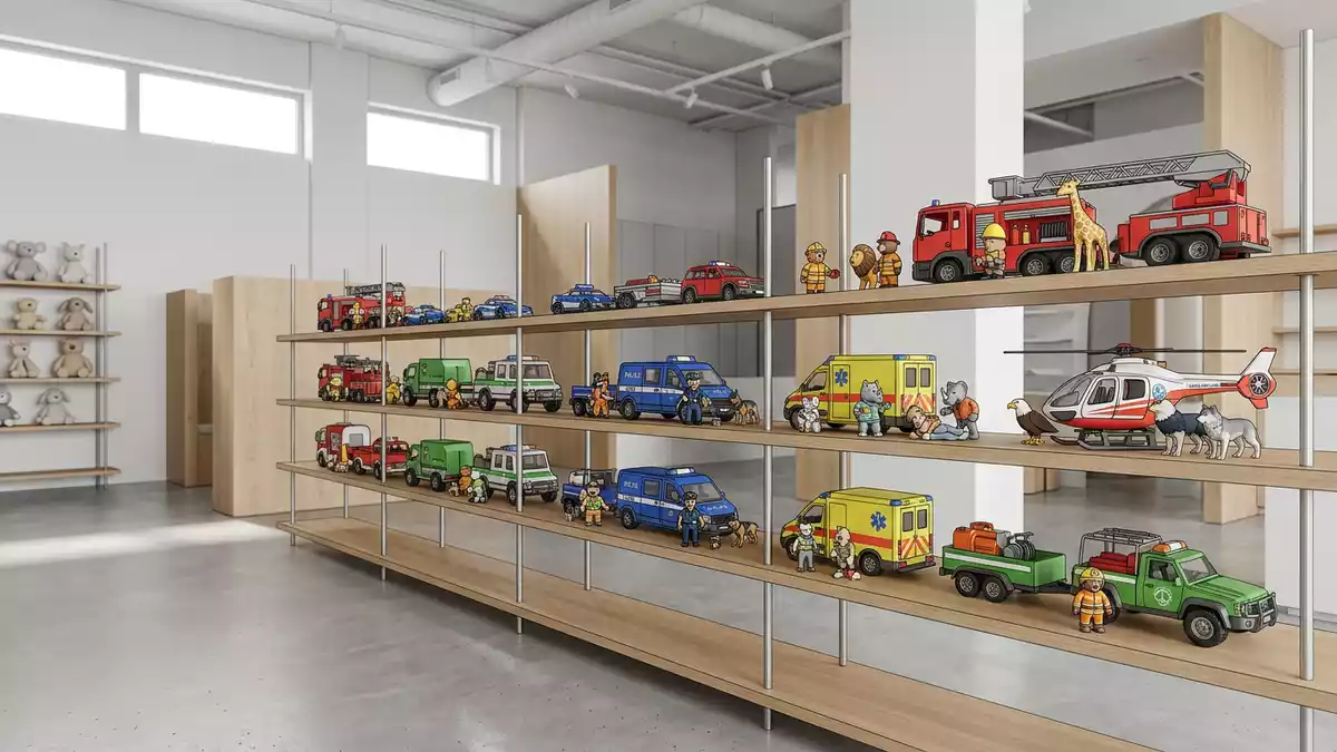 Architektur-Render im Spielwarenfachhandel mit Rettungsfahrzeug-Spielzeug