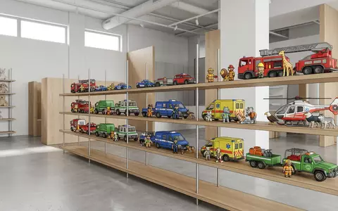 Architektur-Render im Spielwarenfachhandel mit Rettungsfahrzeug-Spielzeug zum Thema Paw Patrol Spielzeug, ISIN CA84852F1027, neutrales Tageslicht - Foto: THN