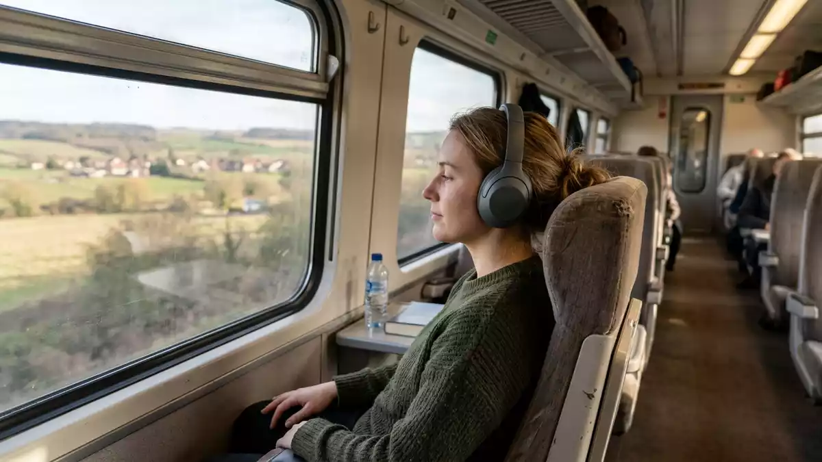 Fotorealistische Ansicht von Over-Ear-Kopfhörer auf Reisen in realer Umgebung, neutral