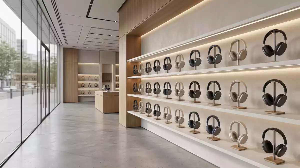 Architektur-Render im Elektronik-Fachmarkt mit Over-Ear-Kopfhörer im Ausstellungsbereich