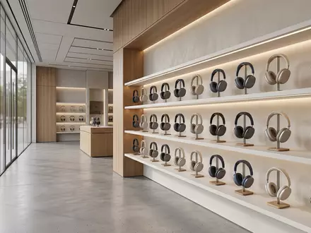 Architektur-Render im Elektronik-Fachmarkt mit Over-Ear-Kopfhörer zum Thema Sennheiser Momentum 4, ISIN CH0012549785, neutrales Tageslicht - Foto: THN
