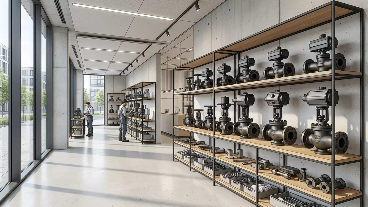 Architektur-Render im Industriebedarf-Fachhandel mit Dampftechnik im Ausstellungsbereich