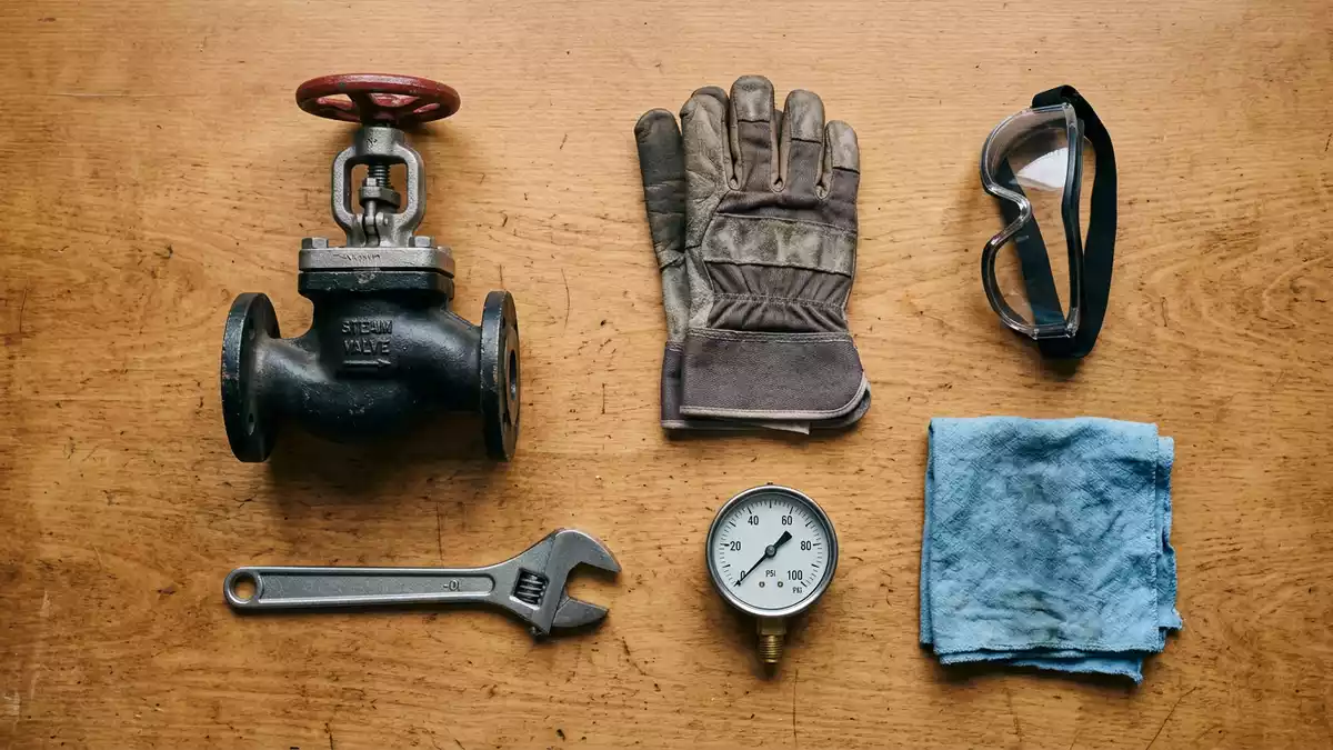 Flatlay-Arrangement rund um Dampftechnik mit passenden Requisiten von oben, neutral