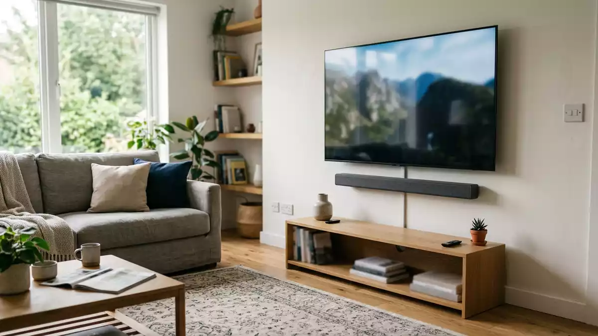 Fotorealistische Ansicht von Soundbar im Wohnzimmer in realer Umgebung, neutral