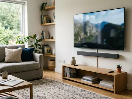 Fotorealistische Aufnahme von Soundbar im Wohnzimmer zum Thema Sonos Arc Soundbar, ISIN US83570H1086, natuerliches Licht - Foto: THN