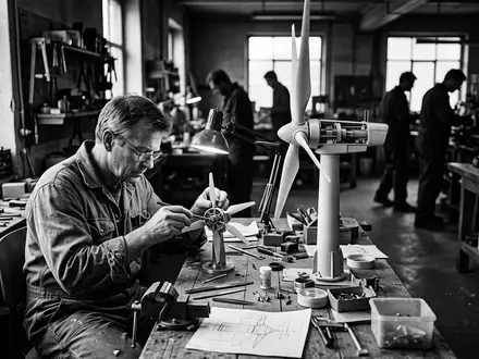 Schwarzweiss-Reportage mit Windradmodell zum Thema Vestas Windrad, ISIN DK0010268606, hoher Kontrast, sachlich dargestellt - Foto: THN