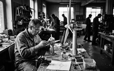 Schwarzweiss-Reportage mit Windradmodell zum Thema Vestas Windrad, ISIN DK0010268606, hoher Kontrast, sachlich dargestellt - Foto: THN