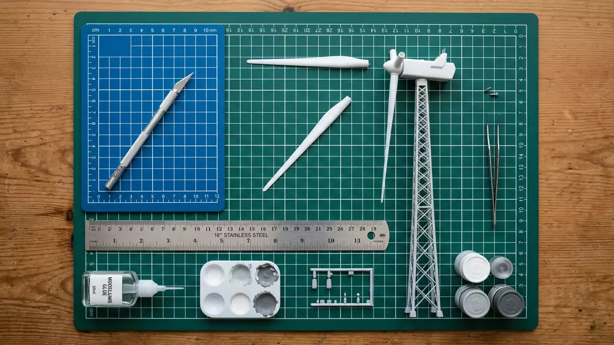 Flatlay-Arrangement rund um Windradmodell mit passenden Requisiten von oben, neutral