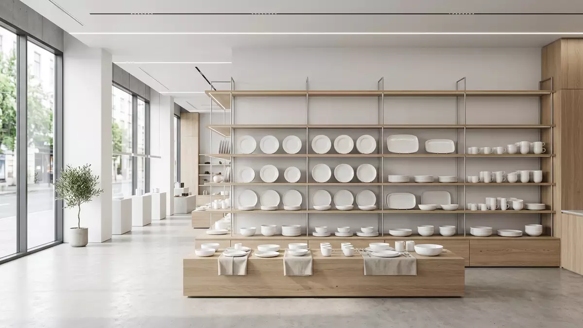 Architektur-Render im Haushaltswaren-Fachhandel mit Tafelgeschirr im Ausstellungsbereich